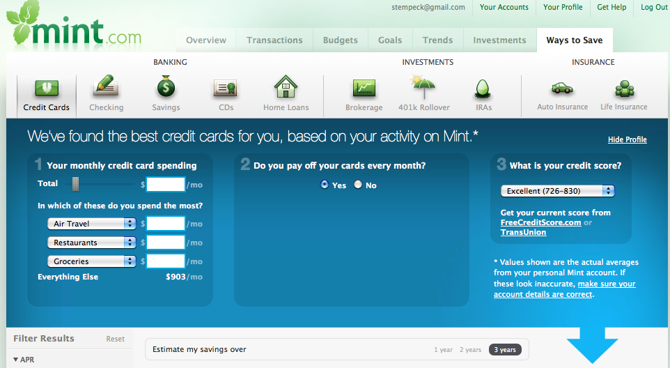 credit card offers from Mint.com based on usage